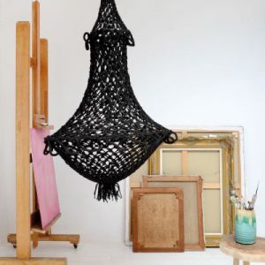 HK Living Lampa wisząca czarna z plecionym abażurem sznurkowym VAA4048